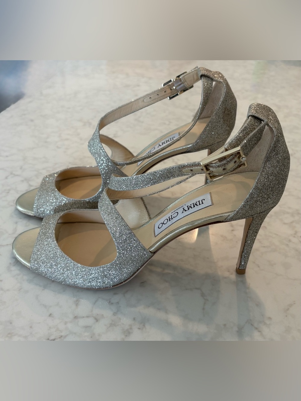 Jimmy Choo Emily 85 Platinum Ice Glitter Heels 39